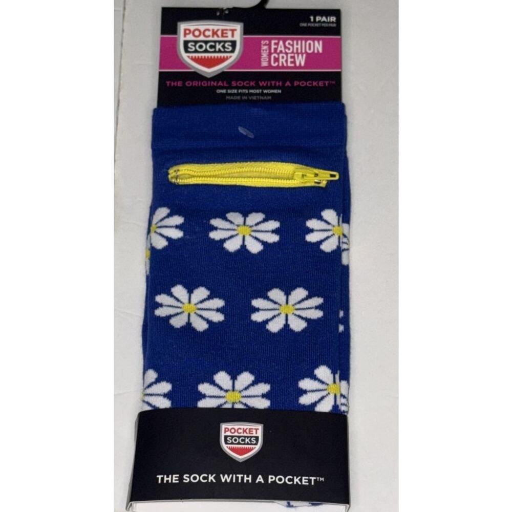 Pocket Socks Womens O/S 6 - 9 The Original Sock W/ A Pocket Medium Daisy on Blue